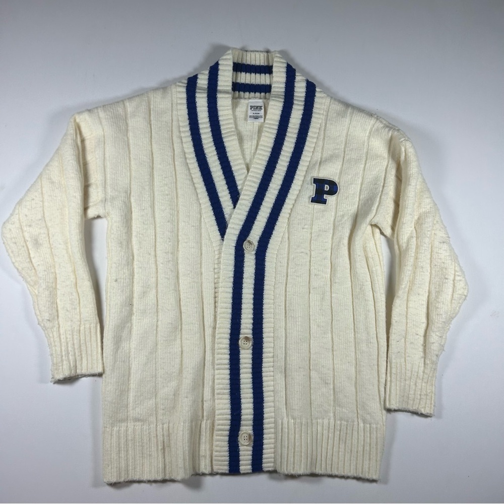 Victoria’s Secret PINK Varsity Letter Sweater Cardigan Cream & Blue Size Medium